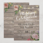 Rustic Wedding Invitation Floral Wood String Light Kaart (Voorkant / Achterkant)