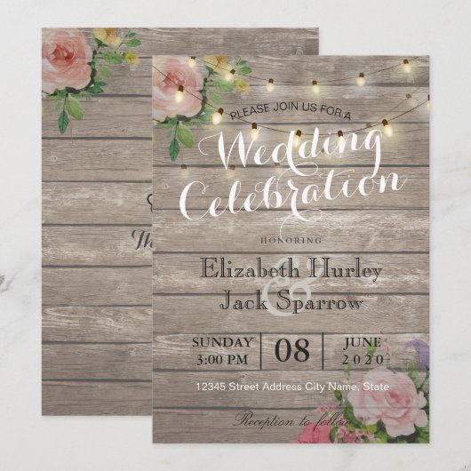Rustic Wedding Invitation Floral Wood String Light Kaart (Voorkant / Achterkant)