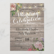 Rustic Wedding Invitation Floral Wood String Light