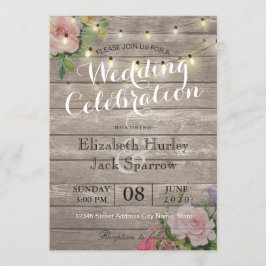 Rustic Wedding Invitation Floral Wood String Light Kaart