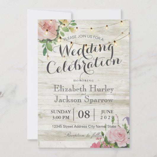 Rustic Wedding Invitation Floral Wood String Light Kaart (Voorkant)