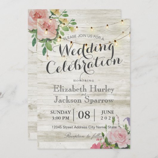Rustic Wedding Invitation Floral Wood String Light Kaart (Voorkant / Achterkant)