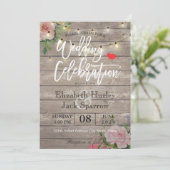 Rustic Wedding Invitation Floral Wood String Light Kaart (Staand voorkant)