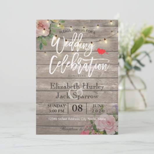 Rustic Wedding Invitation Floral Wood String Light Kaart (Staand voorkant)