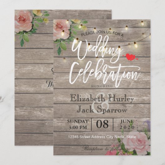 Rustic Wedding Invitation Floral Wood String Light Kaart (Voorkant / Achterkant)