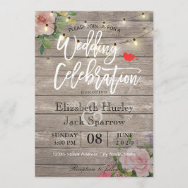 Rustic Wedding Invitation Floral Wood String Light Kaart
