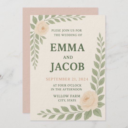 Rustic Wedding Invitation - Sage and Blush Kaart (Voorkant / Achterkant)
