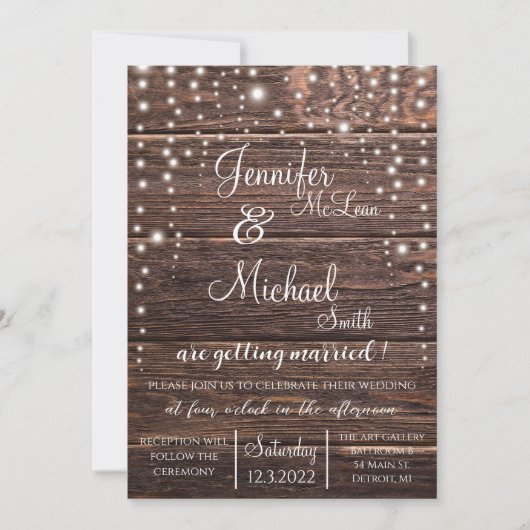 Rustic Wedding Invitation w/String Lights Kaart (Voorkant)