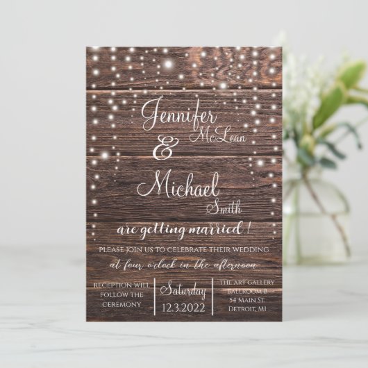 Rustic Wedding Invitation w/String Lights Kaart (Staand voorkant)