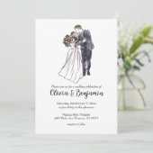Rustic Wedding Invitation with Couple Drawing Kaart (Staand voorkant)
