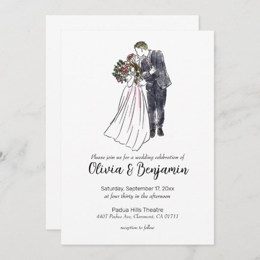 Rustic Wedding Invitation with Couple Drawing Kaart (Voorkant / Achterkant)
