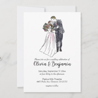 Rustic Wedding Invitation with Couple Drawing Kaart