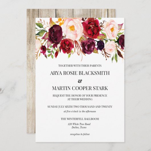 Rustic Wedding Invitations, Bourgogne, hout Kaart (Voorkant / Achterkant)