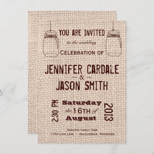 Rustic Wedding Invitations Mason Jars Burlap Print Kaart (Voorkant / Achterkant)