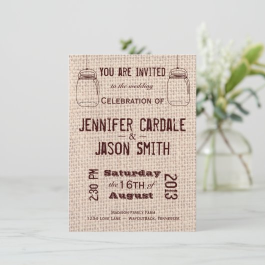 Rustic Wedding Invitations Mason Jars Burlap Print Kaart (Staand voorkant)