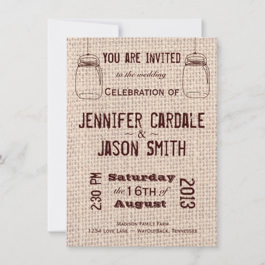 Rustic Wedding Invitations Mason Jars Burlap Print Kaart (Voorkant)