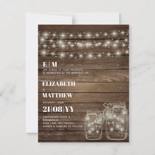 Rustic Wedding Invitations Mason Jars Lights (Voorkant)