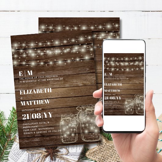 Rustic Wedding Invitations Mason Jars Lights Kaart
