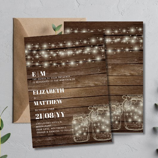 Rustic Wedding Invitations Mason Jars Lights Kaart
