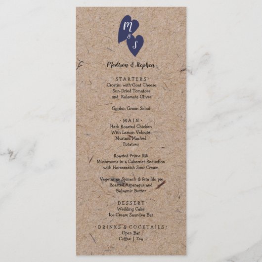 Rustic Wedding | Kraft Paper Monogram Navy Heart Menu (Voorkant)