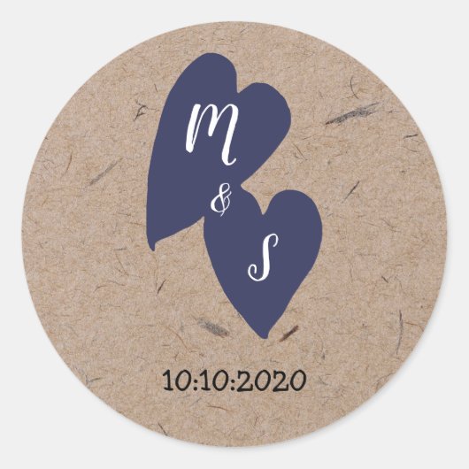 Rustic Wedding | Kraft Paper Monogram Navy Heart Ronde Sticker (Voorkant)