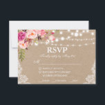 Rustic Wedding Kraft Pink Floral Lace RSVP Kaartje<br><div class="desc">Rustic Wedding String Lights Waterverf Pink Blush Floral RSVP Kraft Card - Meal Choices</div>
