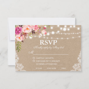 Rustic Wedding Kraft Pink Floral Lace RSVP Kaartje
