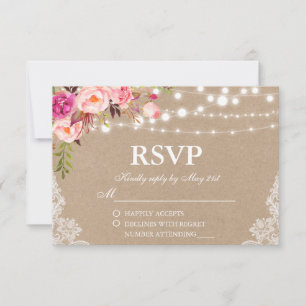 Rustic Wedding Kraft Pink Floral Lights Lace RSVP