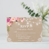 Rustic Wedding Kraft Pink Floral Lights RSVP (Staand voorkant)