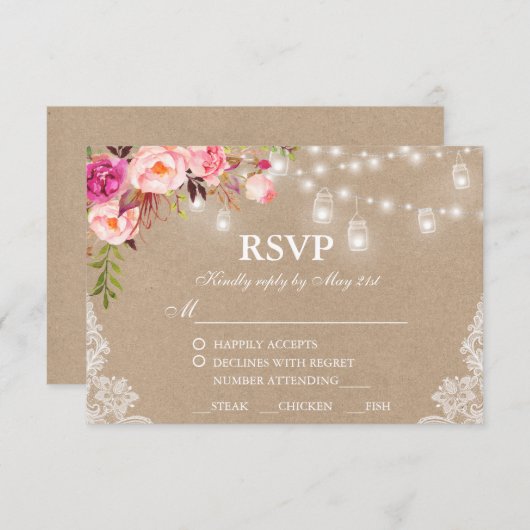 Rustic Wedding Kraft Pink Floral Lights RSVP (Voorkant / Achterkant)