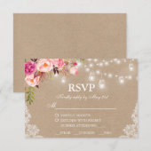 Rustic Wedding Kraft Pink Floral Lights RSVP Kaartje (Voorkant / Achterkant)