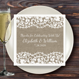 Rustic Wedding  Lace, Burlap Linen Custom Servet