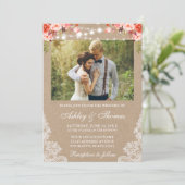 Rustic Wedding Lace Coral Floral Foto Kraft Kaart (Staand voorkant)