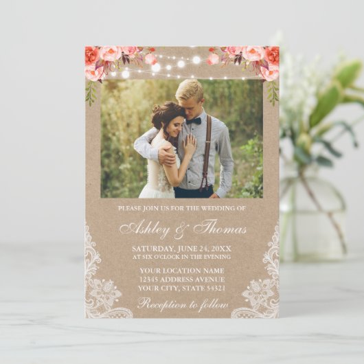 Rustic Wedding Lace Coral Floral Foto Kraft Kaart (Staand voorkant)