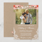 Rustic Wedding Lace Coral Floral Foto Kraft Kaart (Voorkant / Achterkant)
