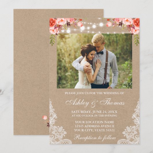Rustic Wedding Lace Coral Floral Foto Kraft Kaart (Voorkant / Achterkant)