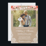 Rustic Wedding Lace Coral Floral Foto Kraft Kaart<br><div class="desc">Rustic Wedding String Lights Waterverf Koral Floral Foto Kraft Uitnodiging</div>