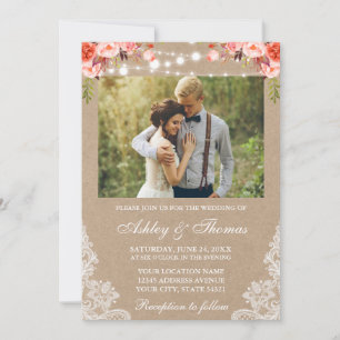 Rustic Wedding Lace Coral Floral Foto Kraft Kaart