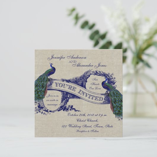 Rustic Wedding Linen Blue Peacocks Kaart (Staand voorkant)