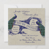 Rustic Wedding Linen Blue Peacocks Kaart (Voorkant)