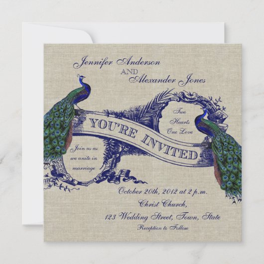 Rustic Wedding Linen Blue Peacocks Kaart (Voorkant)