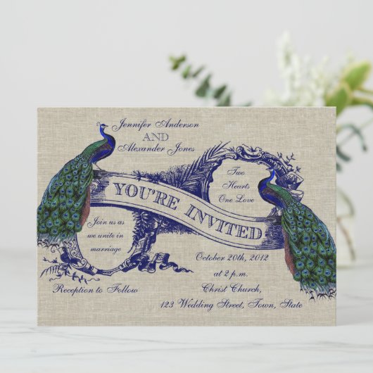 Rustic Wedding Linen Blue Peacocks Kaart (Staand voorkant)