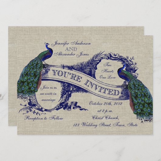 Rustic Wedding Linen Blue Peacocks Kaart (Voorkant / Achterkant)