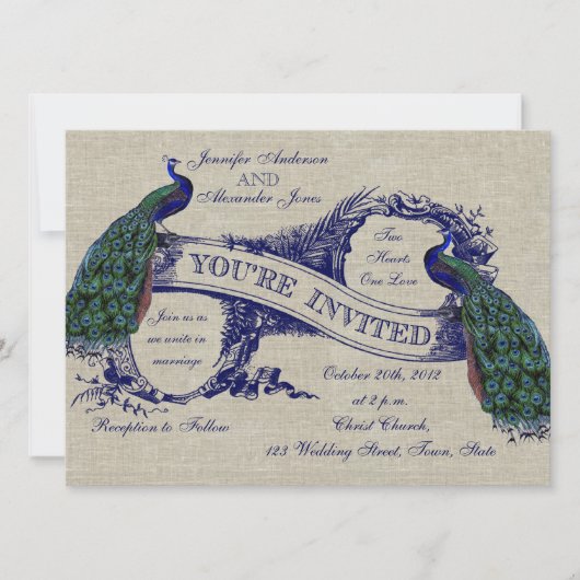 Rustic Wedding Linen Blue Peacocks Kaart (Voorkant)