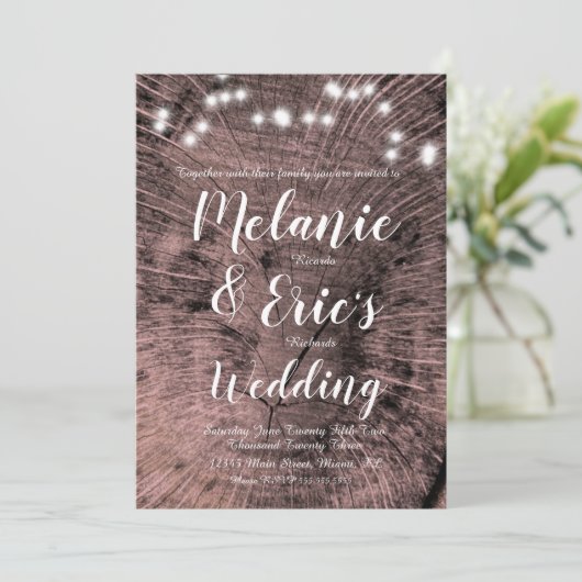 Rustic Wedding Log Lights Elegant Script Kaart (Staand voorkant)
