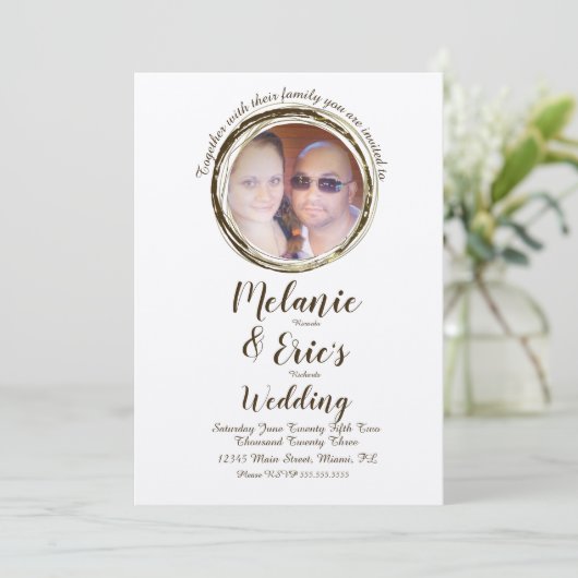 Rustic Wedding Log Rings Elegant Script Photo Kaart (Staand voorkant)