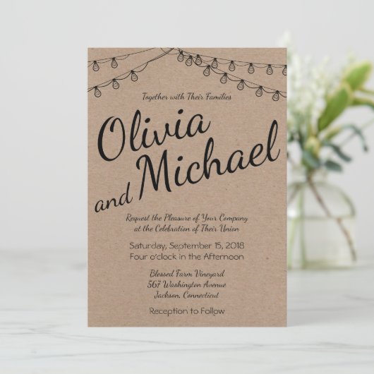 Rustic Wedding met String Lights op Kraft Paper Kaart (Staand voorkant)