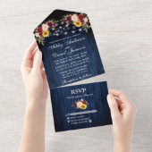 Rustic Wedding Mixed Floral Blue Wood Lichten All In One Uitnodiging (Afscheurbaar)