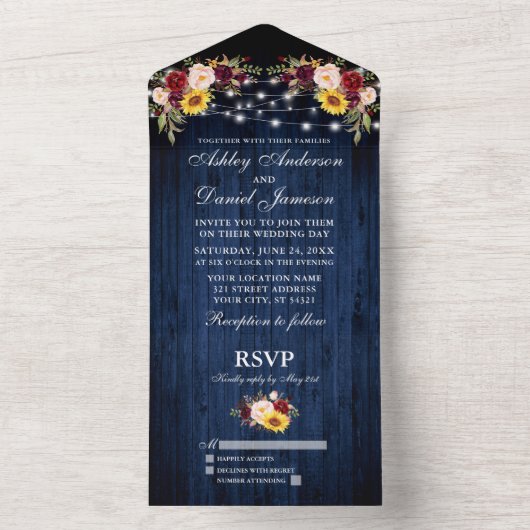 Rustic Wedding Mixed Floral Blue Wood Lichten All In One Uitnodiging (Binnen)