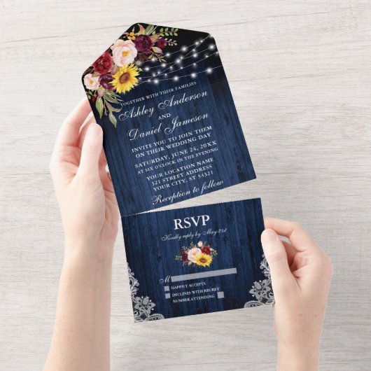 Rustic Wedding Mixed Floral Blue Wood Lights All In One Uitnodiging (Afscheurbaar)